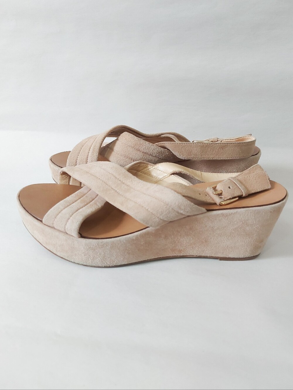 J.Crew Women Darcy Beige Suede Leather Slingback Wedge Sandals Size 8 Comfort - Picture 3 of 14